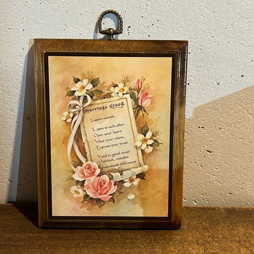 Vintage Wooden Marriage Creed Hanging Plaque Sign 9 x 7 inch Rose Floral