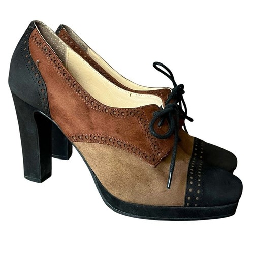 BRENDA ZARO Sacha London Brenda Suede Oxford High Heel Pumps Square Toe Brown Black Womens 7