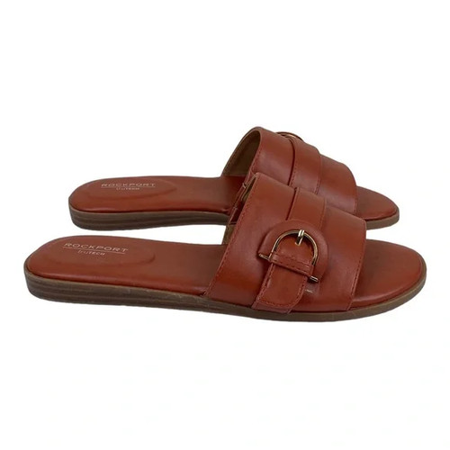 Rockport Sandals Women's Size 6 Yara Slide Tan Faux Leather Chic Flats Shoes