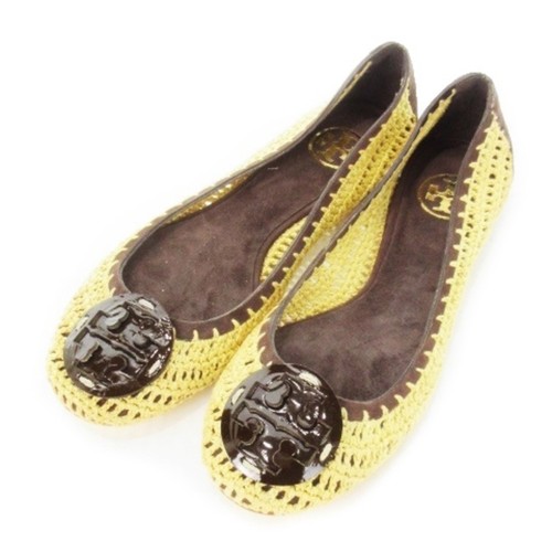 Scarpe basse Tory Burch estive maglia pelle logo 6M 23 cm (9 06 pollici) beige usate