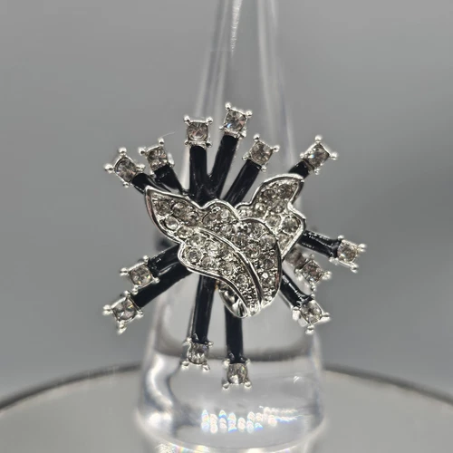 Starburst Crystal Leaf Statement Ring Atomic Silver Tone Black Enamel Sz 7.5