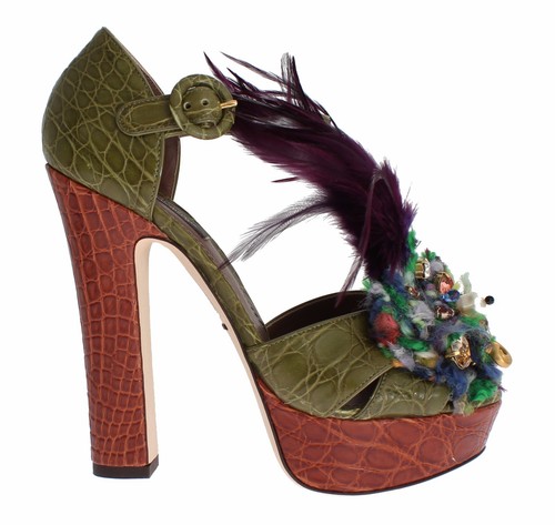 DOLCE & GABBANA Shoes Green Leather Crystal Platform Sandal EU40/US9.5 RRP 00