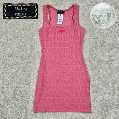VERSACE x Dua Lipa Italy Mini Abito Donna Barbie Rosa Terry Monogram Logo 38