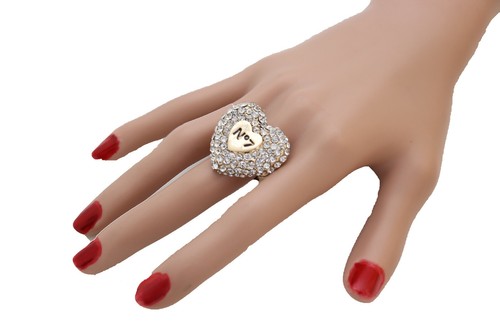 Women Gold Fashion Metal Stretch Ring Heart Silver Bling Love No 7 One