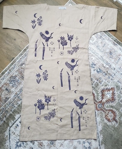 HERON PRESTON Sister Nettle  Linen  Heron Dress Brand New Womens MED Hand Printed Silkscreen