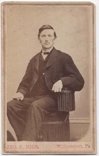 RENS ORIGINAL ANTIQUE CDV CIRCA 1860s JNO. F. NICE HANDSOME YOUNG MAN IN SUIT WILLIAMSPORT PA.