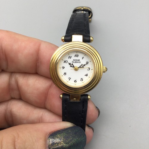 Vintage Anne Klein Watch Womens 24mm Gold Bezel Leather Band New Battery