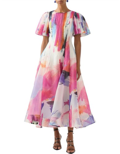 Aje Nova Dress Size AU 8   US 4 Pleated Midi Rainbow Abstract Sunset Colourful