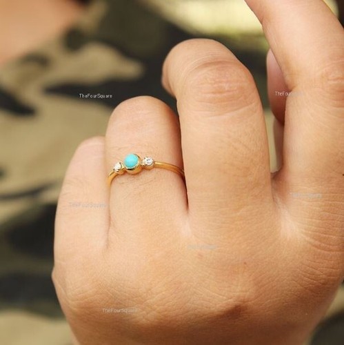 925 Silver Marquise Arizona Turquoise CZ Trio Wedding Ring  Petite Gemstone Ring