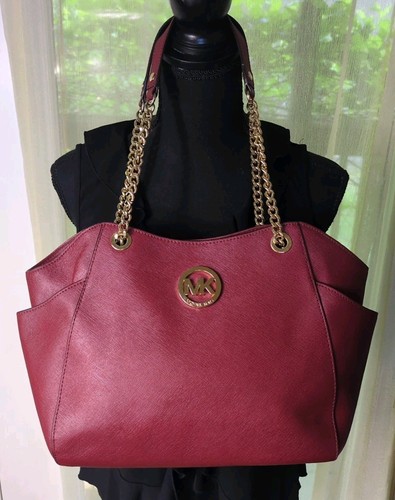 Borsa a tracolla Michael Kors pelle saffiano grande jet set doppio manico catena rossa