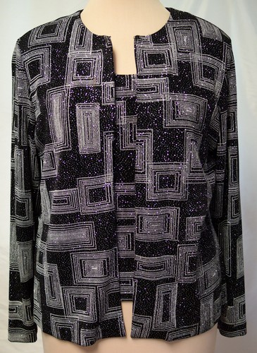 NWOT XScape Joanna Chen Geometric Cardigan Jacket &Tank Top Blk Wht Silver M L