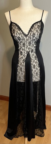 VALENTINO Maxi abito slip vintage anni 60 esclusivo deco nero nylon pizzo pannelli trasparenti piccolo anni 70