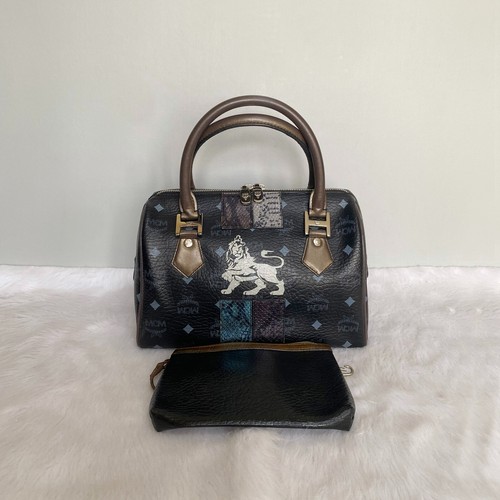 MCM Vintage Black Princess Lion Coated Canvas & Leather Boston Satchel Handbag