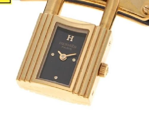 HERMÈS Orologio Hermes Kelly KE1.201 20mm Quadrante Quadrato Nero Cadena Oro Cinturino 15cm Autentico