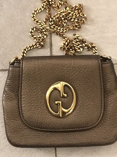 Gucci Vintage 1970's Bronze Leather Mini Flap GG Logo G Chain Shoulder Bag.