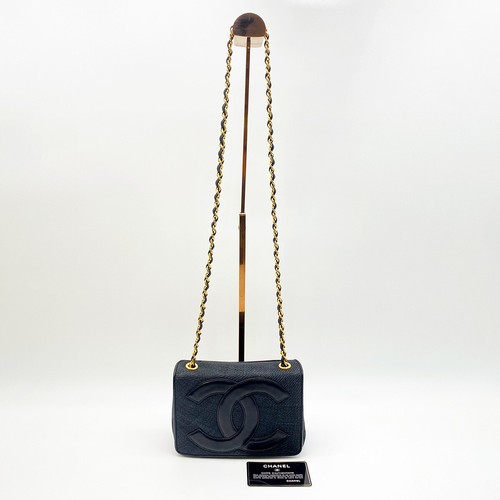 Borsa a tracolla CHANEL CC logo catena bordo pelle rafia nero vintage 8146