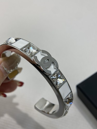 CHANEL Silver Hardware White Oil Drop Square Crystal Inlaid CCS Bracelet 24C