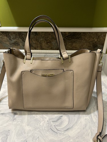 STEVE MADDEN Vanilla Cream Leather Tote w Removable Pouch & Strap