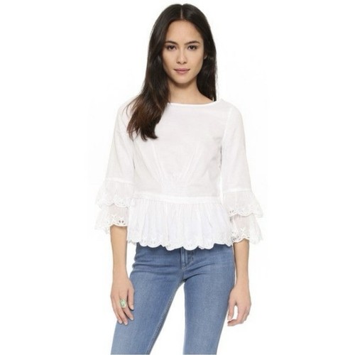Top Tory Burch blusa occhiellato orlo smerlato cotone con volant bianco taglia 4