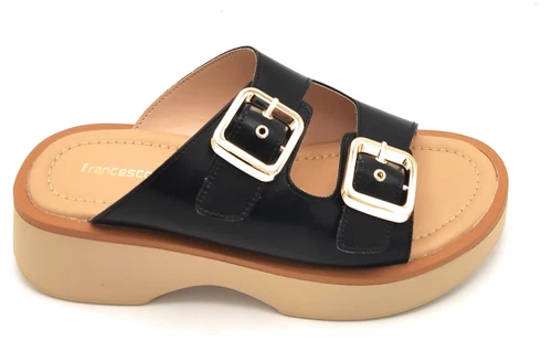 FRANCESCO RUSSO Francesco Milano G26 03A Black Leather Sandal Double Buckle Wedge 4Cm C