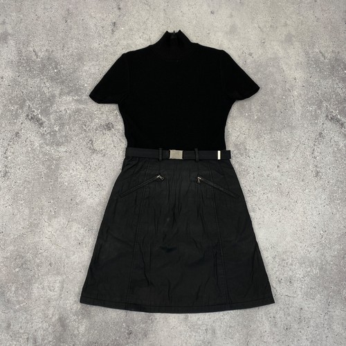 PRADA 90’s Rare Minimal Black Metal Buckle Belted Nylon A line Skirt Dress M