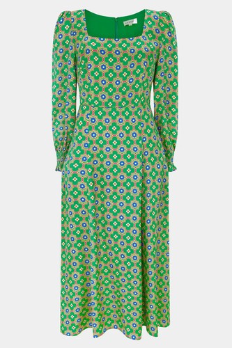 ASPIGA LYLA SATIN MIDI DRESS GEO FLORAL GREEN MEDIUM ( uk 12 )