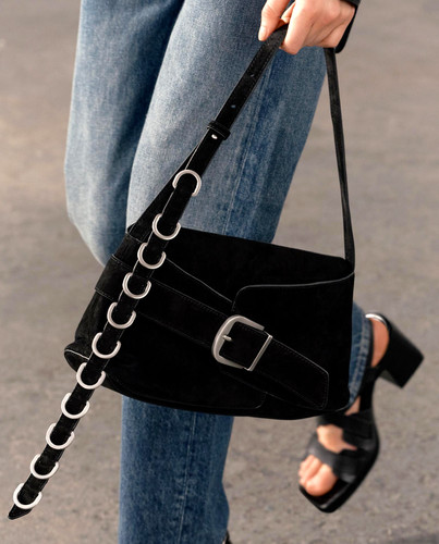 Zara 100% Suede Leather Crossbody Bag With Buckle Strap Black 6251 310 New