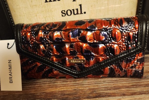 ❣️Brahmin Veronica Portafoglio Trif Busta Pelle ROSSO LEOPARDO Nero Nuovo con etichette