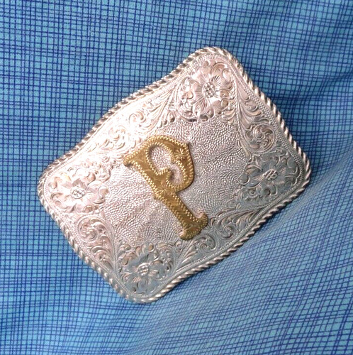 P Belt Buckle Western Initial P Monogram El Arturo Brnz Vtg 80s Crumrine .QRT032