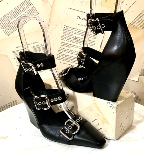 Anthropologie Jeffrey Campbell Evander Moto Heels Buckle Zip Black Leather 7 NEW
