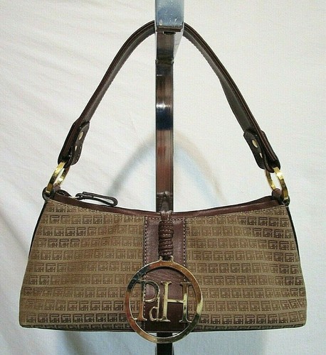 EUC! Pedro Del Hierro Small Brown Canvas Leather Logo Shoulder Baguette Handbag