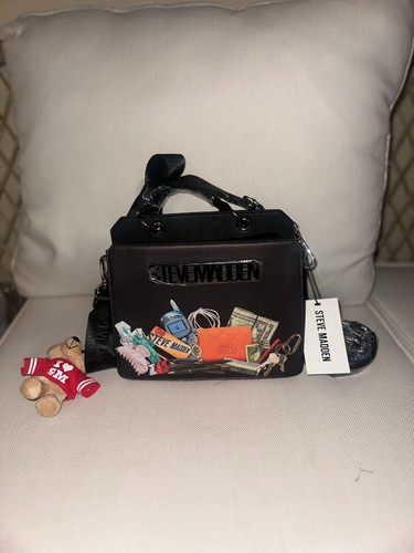 Steve Madden Bevelyn Black W Chaos Print Satchel Crossbody Bag W Bear Charm