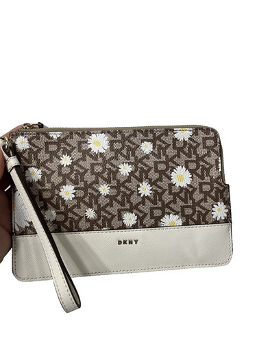 DKNY Logo Wristlet Pouch Clutch Bag Blush Daisies Large Size NEW