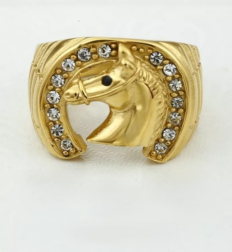Men's Stainless Steel Horseshoe Horse Head CZ Rings 8  13 Gold plated Box