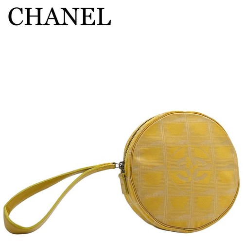 CHANEL New Travel Line Handbag Accessory Pouch Nylon Yellow Authentic Round U