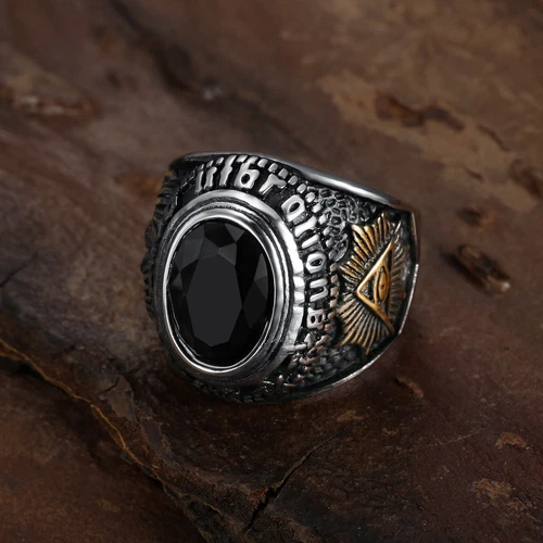 Mens Stainless Steel Gold Masonic Ram Simulated Black Onyx Ring Size 7 8 15 Gift