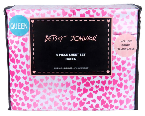 Set lenzuola Betsey Johnson 6 pezzi Queen cuori ombreggiati rosa 100% poliestere nuove con etichette