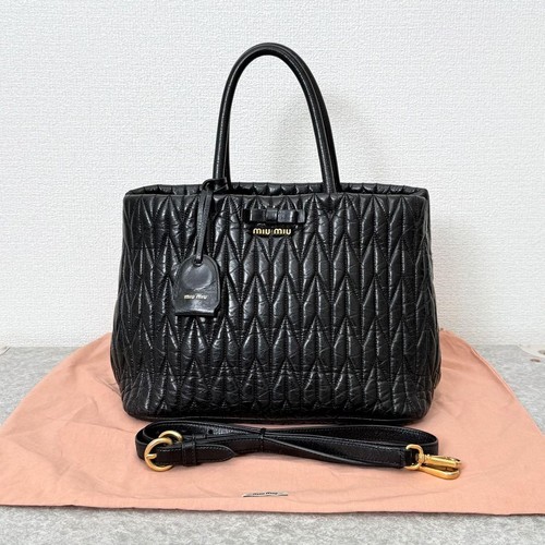 Miu Miu Matelasse Vitello Shine 2Way Bag Leather Black U Auth Excellent JAPAN