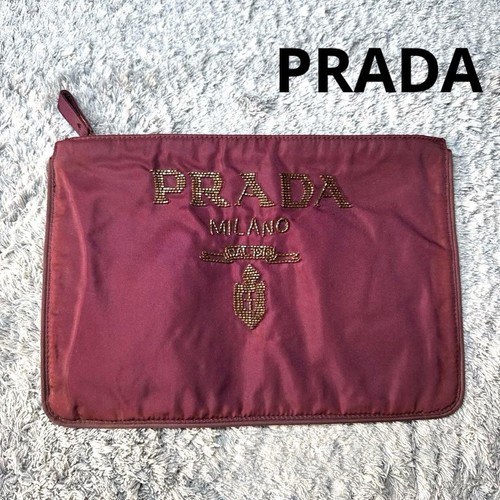 PRADA Beaded Logo Nylon Clutch Bag Evening Purse Pouch Red Zip MBb0617
