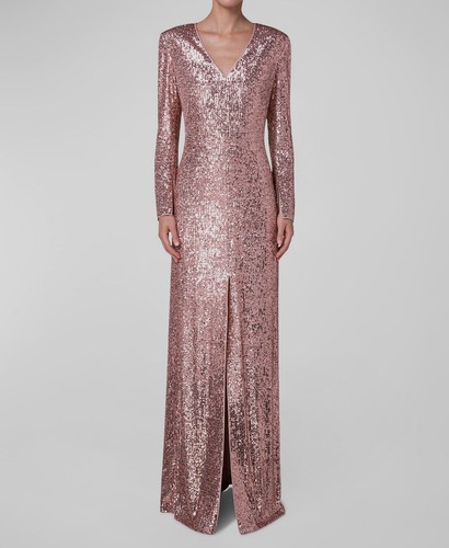 $5991 Akris abito donna rosa seta paillettes manica lunga scollo a V taglia 6