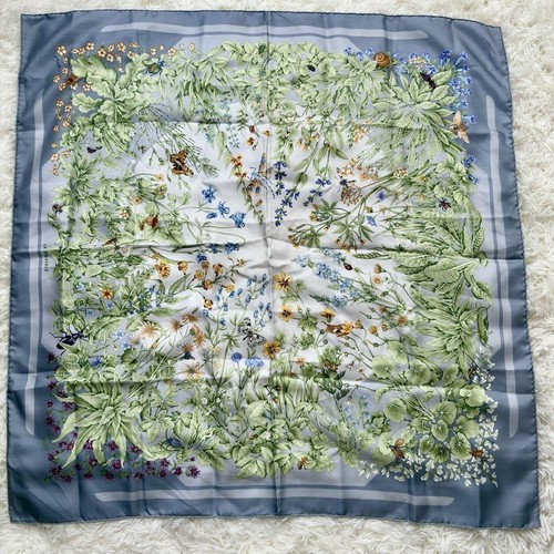 HERMÈS HERMES Silk Scarf La Prairie Blue Floral Insect Design Unisex 34.6 x 34.3 Inches