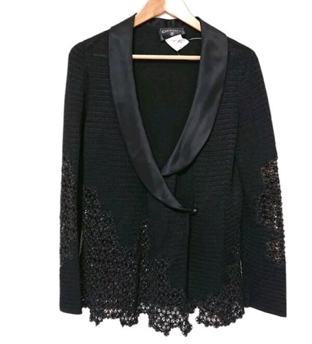 Giacca all'uncinetto in pizzo nero 4.2K Chanel 2011 taglia 42 M L