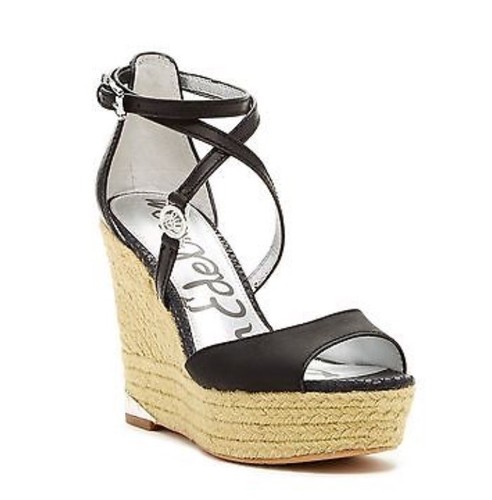 SAM EDELMAN NUOVO AUTENTICO sandalo donna nero in pelle espadrillas con zeppa misura 8 5