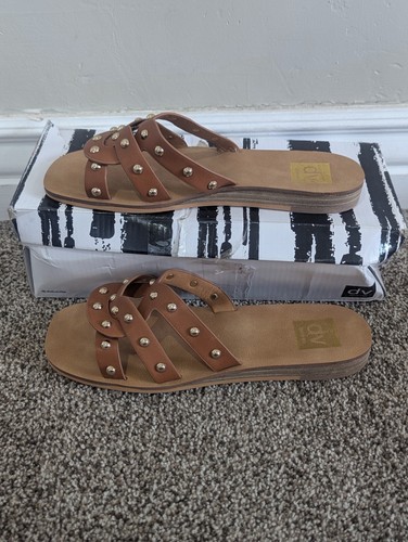 Size 7 Women's Dolce Vita Leela Tan Slip On Studded Strappy Slide Sandals