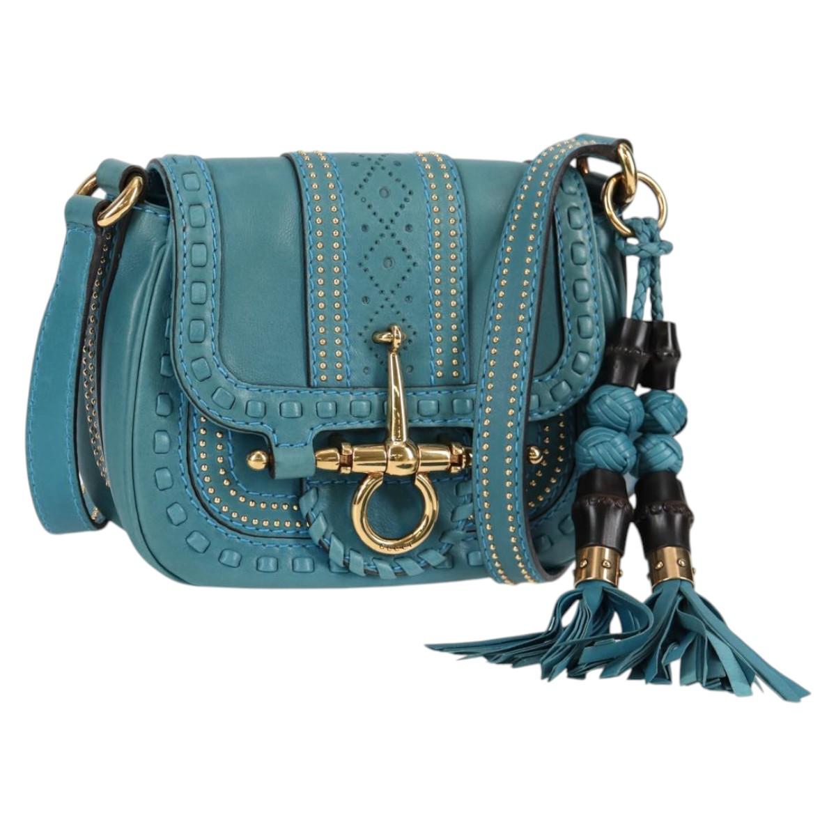 GUCCI Bamboo Shoulder Bag Leather Blue Gold 263956 Auth 124631V