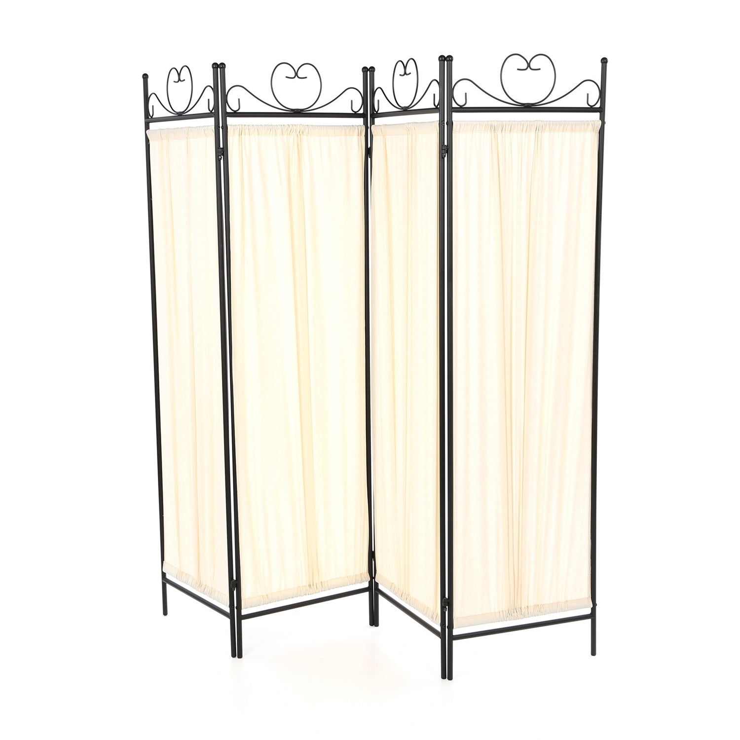 2736 Black Metal 4 Panel Room Divider with Off White Fabric Screen