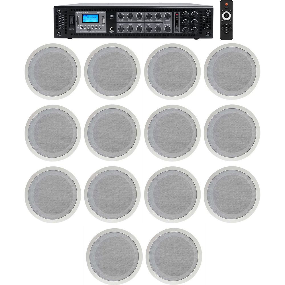Rockville 6 Zone Amplifier+(14) 8" 2 Way White Ceiling Speakers For Restaurant