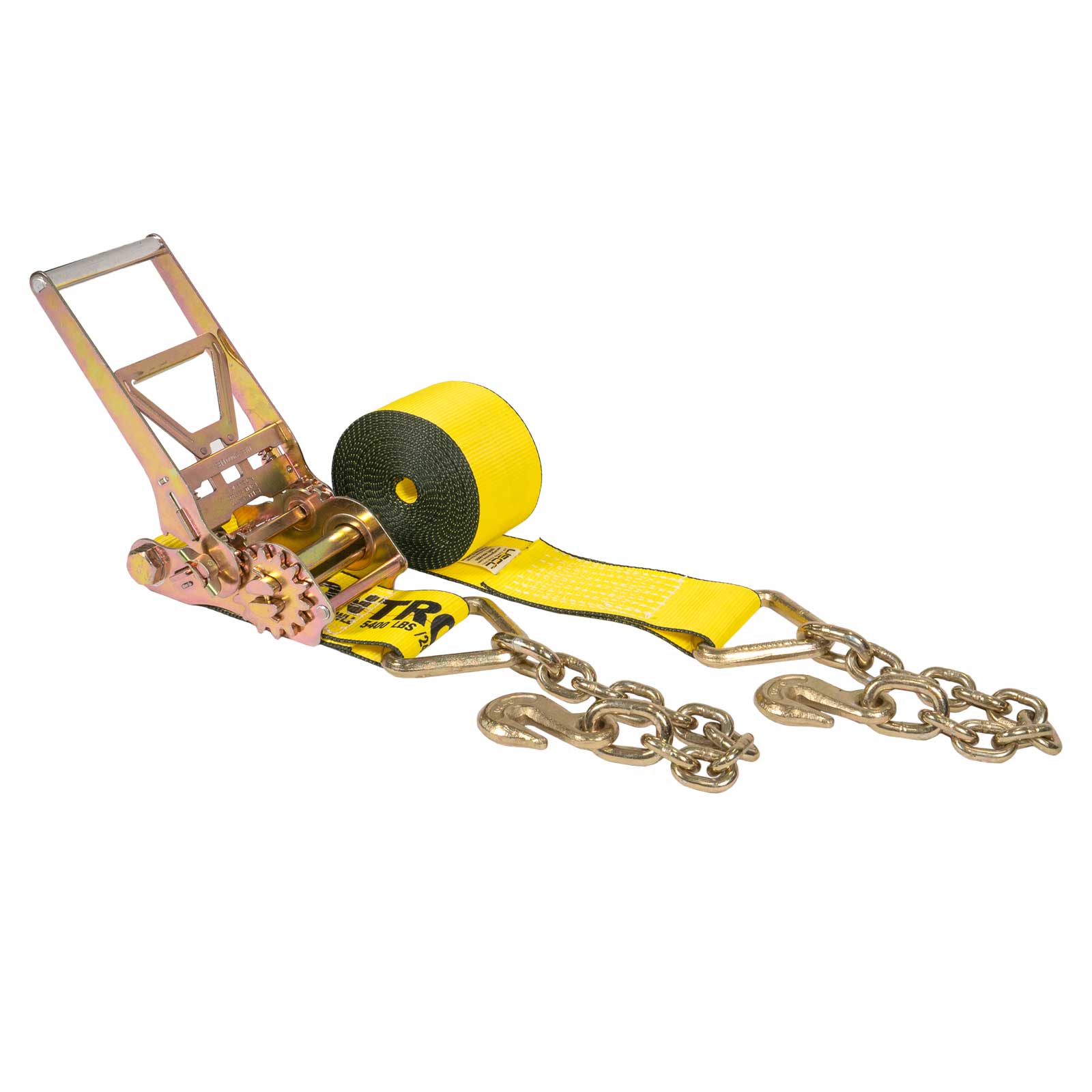 US CARGO CONTROL 4" x 27' Gear Driving Reverse Action Ratchet Strap with Chain Ends Yellow
