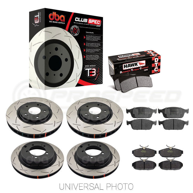 DISC BRAKES AUSTRALIA DBA T3 4000 Slotted Front/Rear Rotors w/Hawk Performance DTC 30 Pads   Mitsubishi Evo 5 9