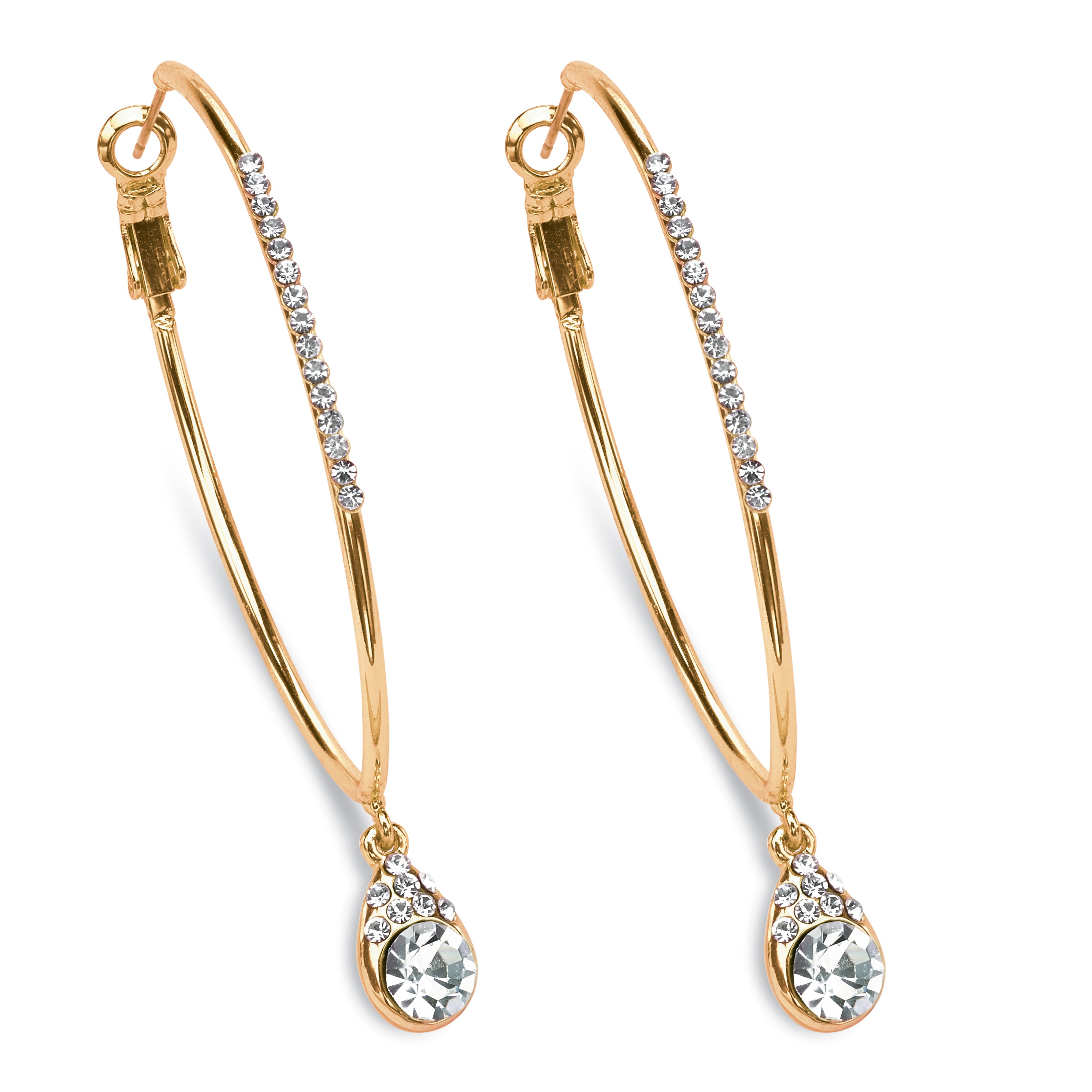 2894 White Crystal Goldtone Hoop Teardrop Earrings (1.5")